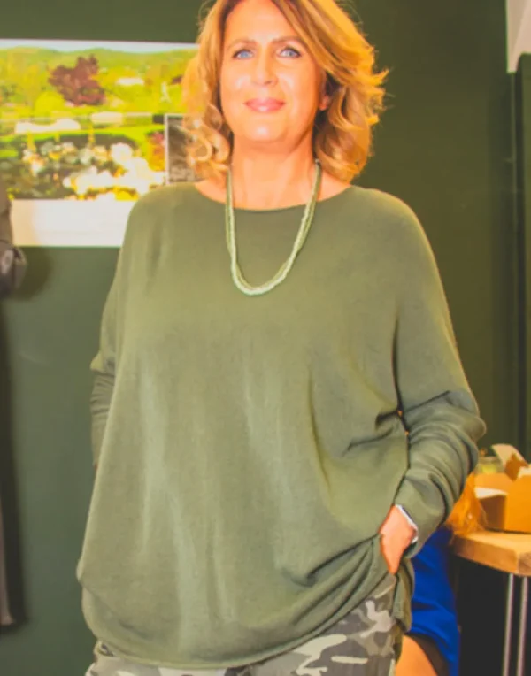 Cashmere Mix Round Neck Knit in Shades of Green