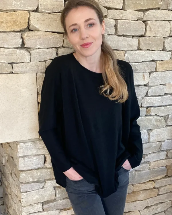 Cashmere Mix Round Neck Knit in Black & Grey