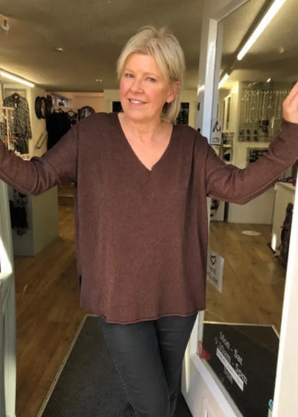 Cashmere Mix V Neck Knit in Browns