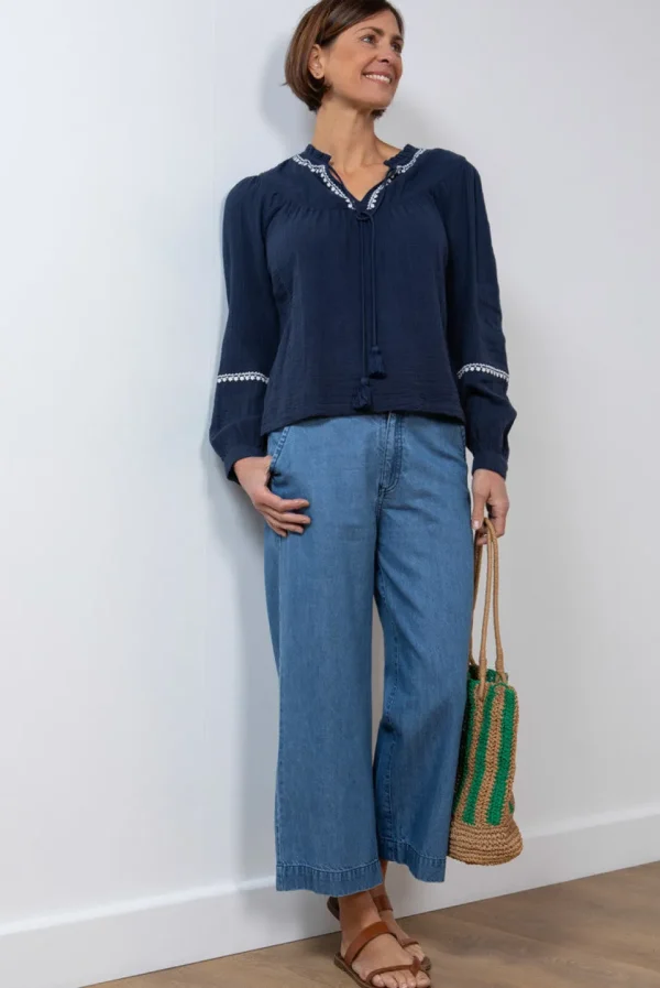 Lori Embroidered Top in Navy