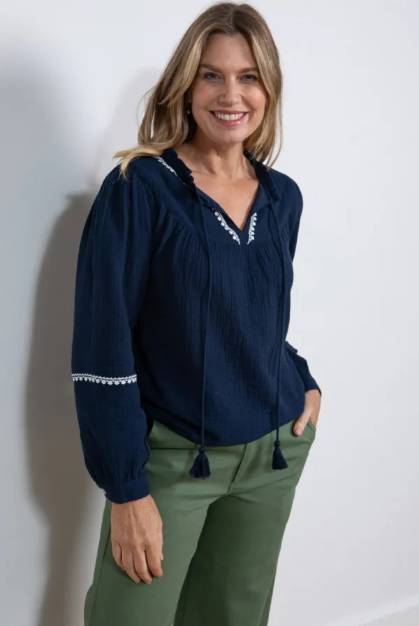 Lori Embroidered Top in Navy