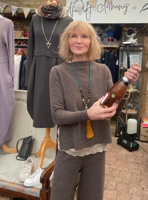Merino Wool High Neck Top in Grasshopper Green and Earth Brown