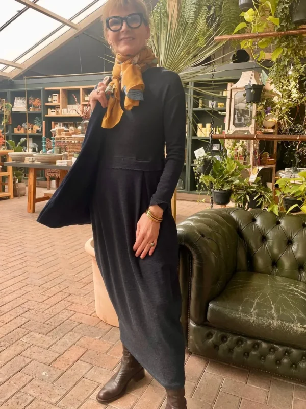 Merino Wool Long Blusbar Dress with Pleats & High Neck in Blue