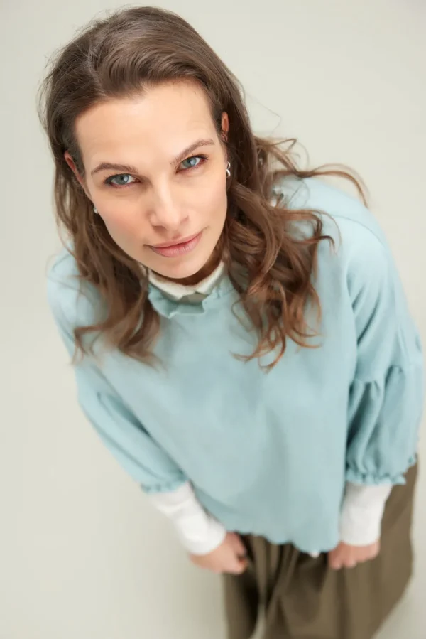 Merino Wool Ruffle Neck Wide Top in Indigo Blue and Earth Brown