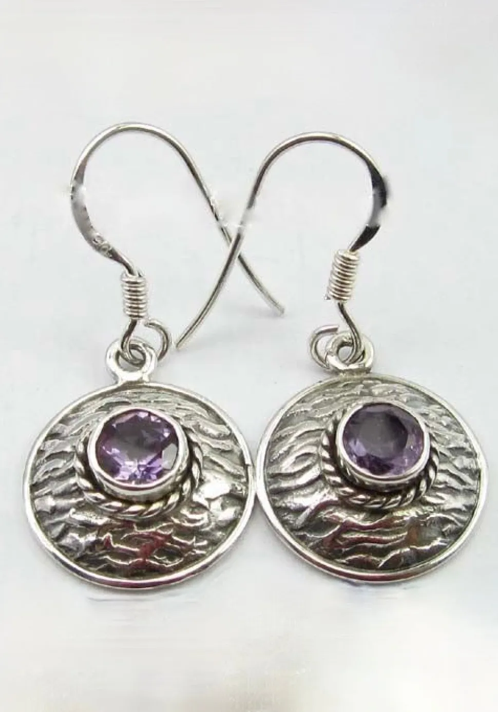 solid_silver_amethyst_bas_1.webp Solid Silver Amethyst Basket Weave Disc Drop Earrings