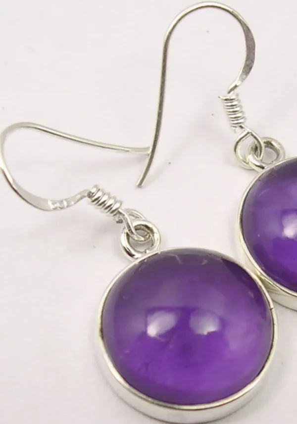Solid Silver Amethyst Cabochon Disc Drop Earrings