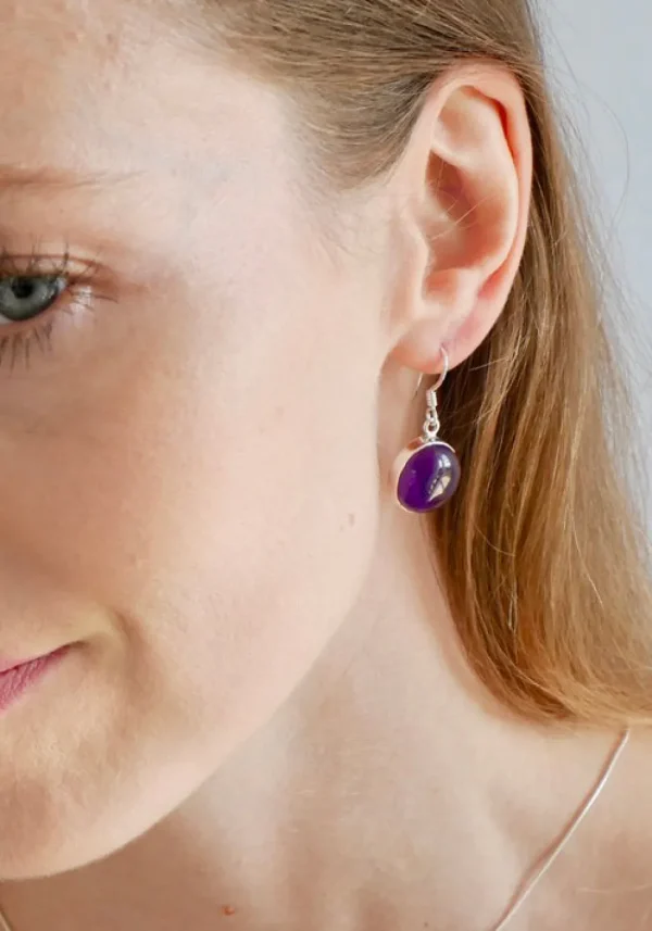 Solid Silver Amethyst Cabochon Disc Drop Earrings
