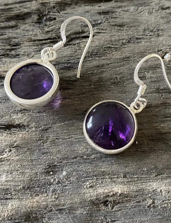 Solid Silver Amethyst Cabochon Disc Drop Earrings