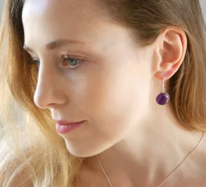 Solid Silver Amethyst Cabochon Disc Drop Earrings