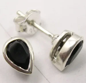 Solid Silver Black Onyx Tear-Drop Stud Earrings