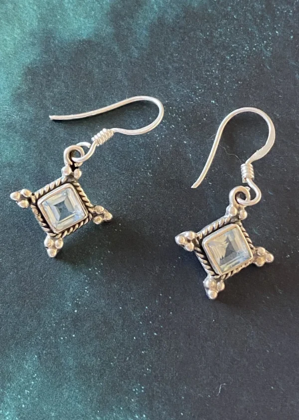 Solid Silver Blue Topaz Diamond shaped Drop Earrings