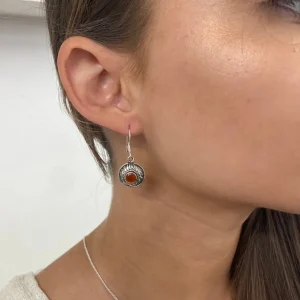 Solid Silver Carnelian Basket Weave Disc Drop Earrings
