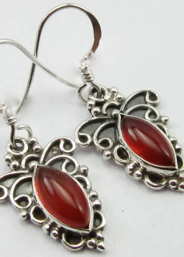Solid Silver Carnelian Ornate Scroll Drop Earrings