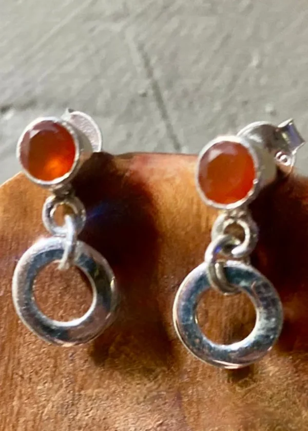 Solid silver Carnelian Stud Earrings with Loop Drop