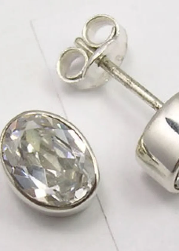 Solid Silver Cubic Zirconia Oval Stud Earrings