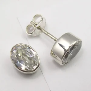 Solid Silver Cubic Zirconia Oval Stud Earrings