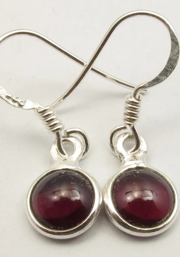 Solid Silver Garnet Cabochon Round Drop Earrings
