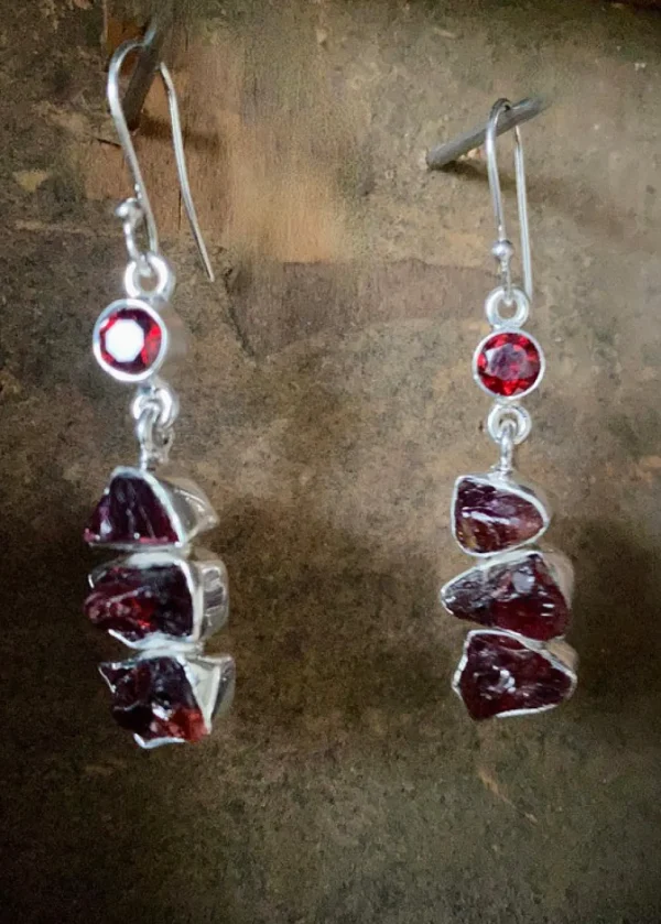 Solid Silver Garnet Rough Cut Handmade Earrings
