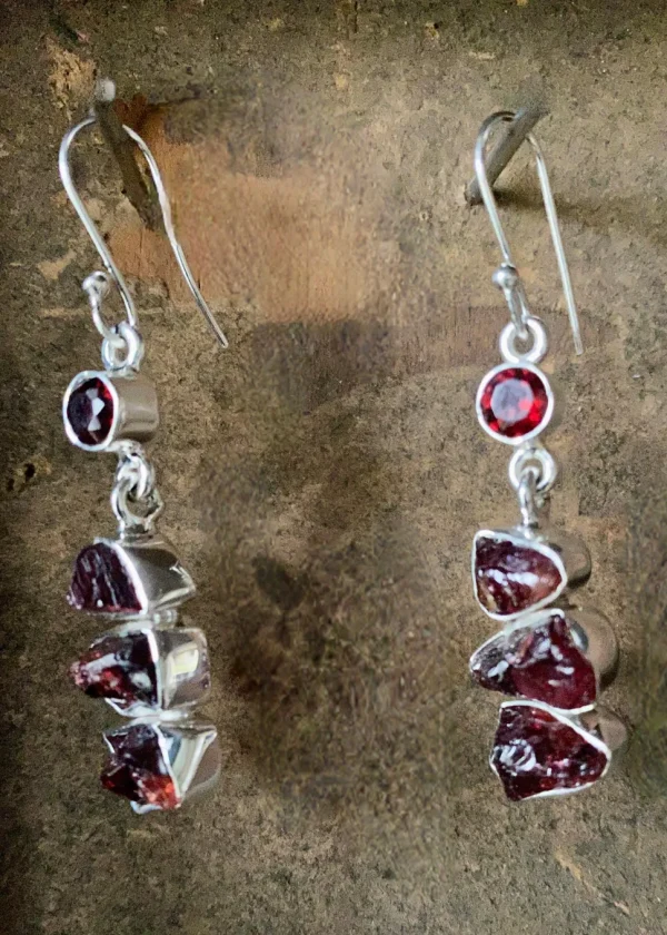 Solid Silver Garnet Rough Cut Handmade Earrings