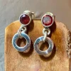 Solid Silver Garnet Stud Earrings with Loop Drop