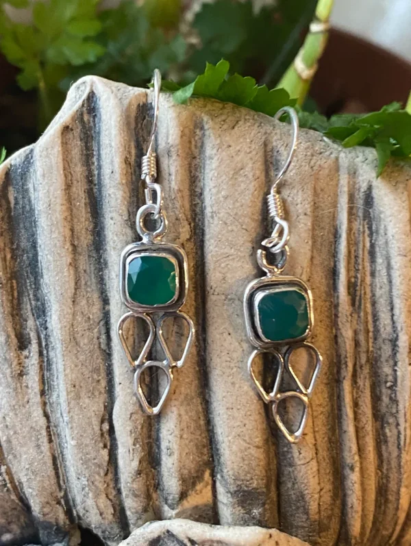 Solid Silver Green Onyx Drop Earrings with Triple Triangle Detail