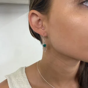 Solid Silver Green Onyx Drop Earrings with Triple Triangle Detail