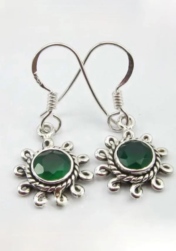 Solid Silver Green Onyx Flower Drop Earrings