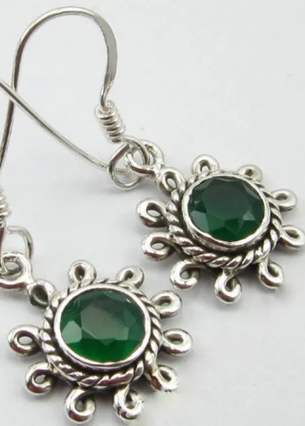 Solid Silver Green Onyx Flower Drop Earrings