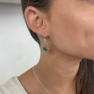 Solid Silver Green Onyx Flower Drop Earrings