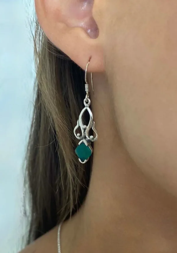 Solid Silver Green Onyx Raj Drop Earrings