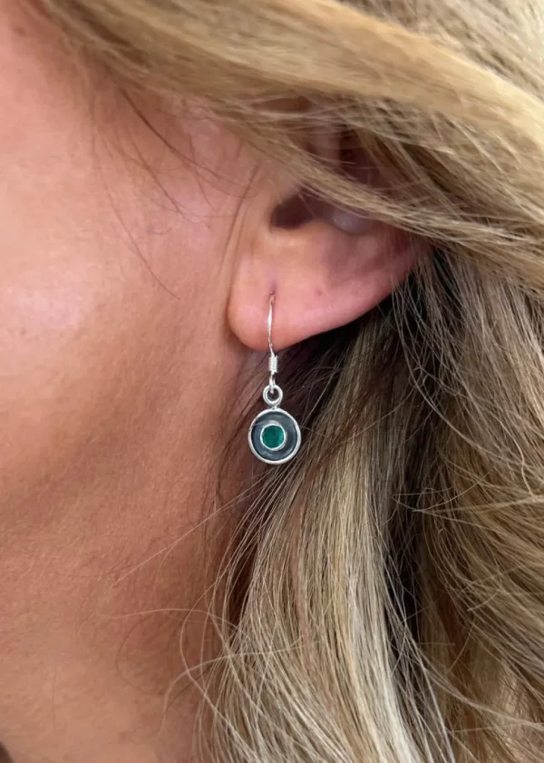 Solid Silver Green Onyx Round Drop Earrings