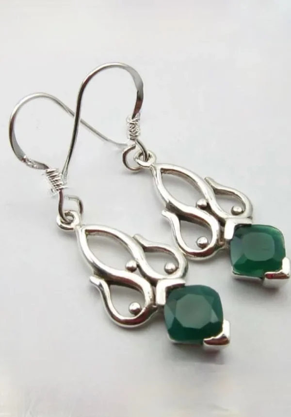 Solid Silver Green Onyx Raj Drop Earrings