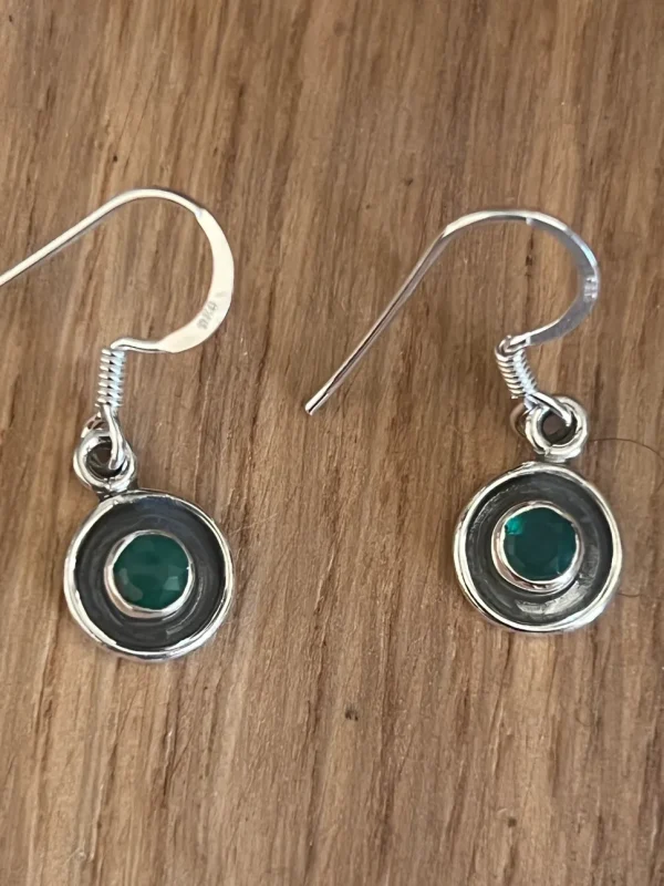 Solid Silver Green Onyx Round Drop Earrings