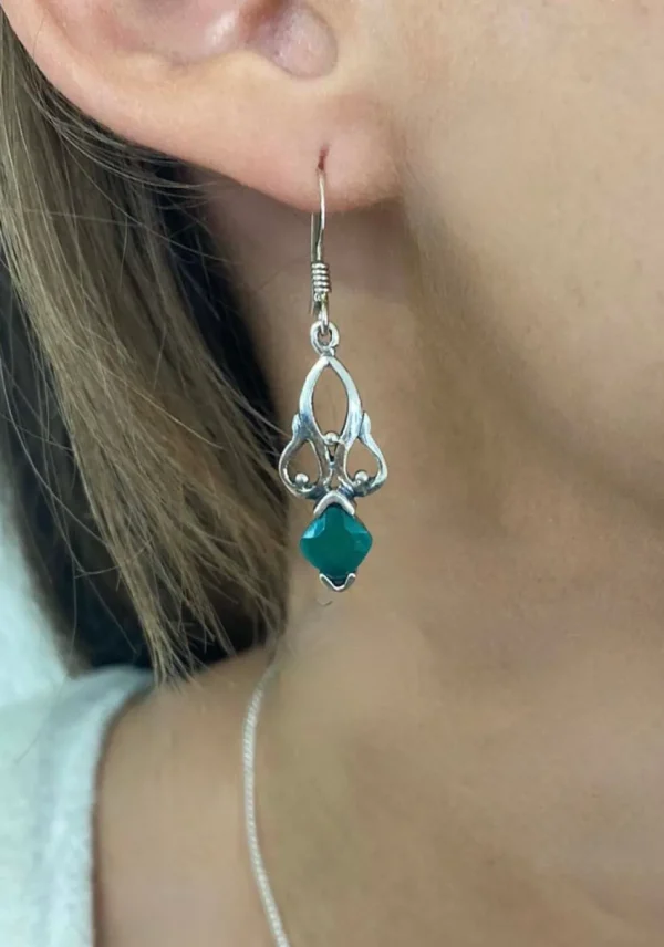 Solid Silver Green Onyx Raj Drop Earrings
