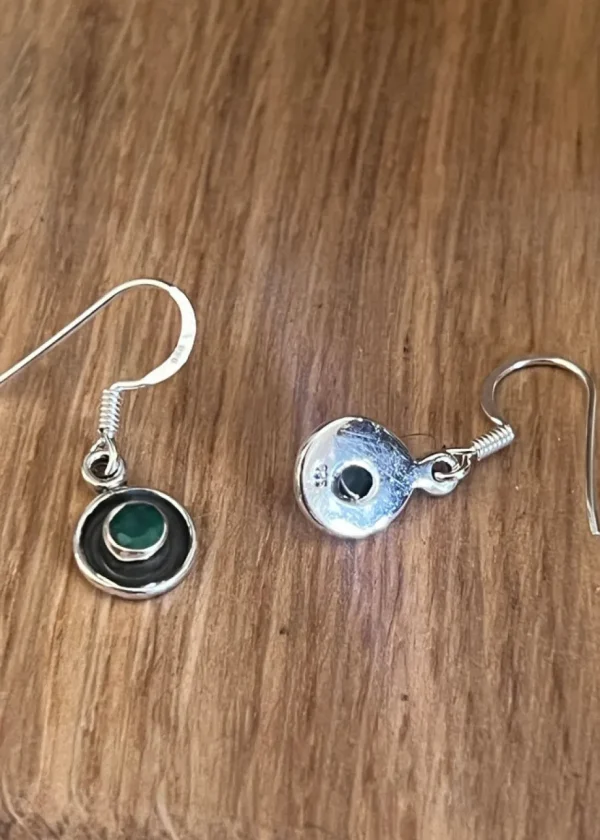Solid Silver Green Onyx Round Drop Earrings