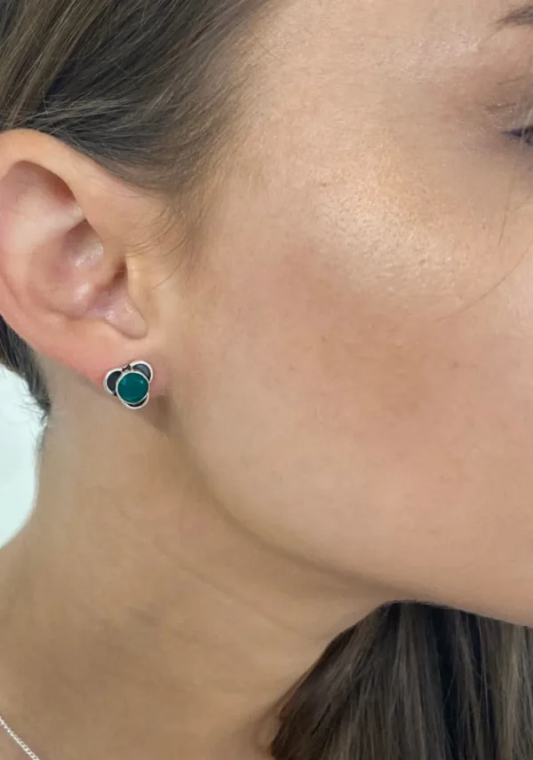 Solid Silver Green Onyx Stud Earrings with Triple Curve Frame