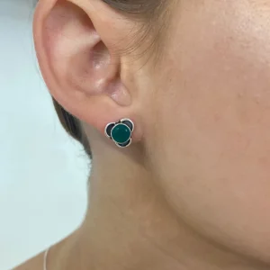 Solid Silver Green Onyx Stud Earrings with Triple Curve Frame
