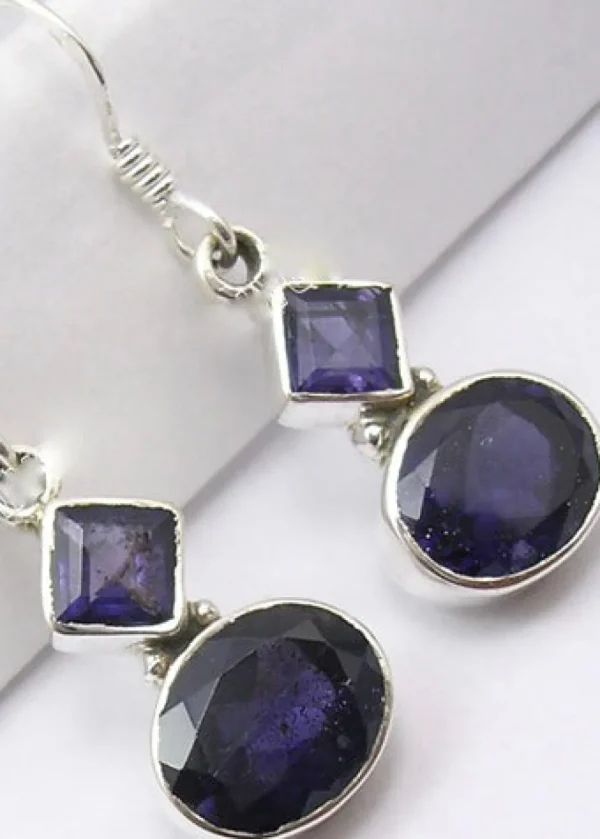 Solid Silver Iolite Diamond and Oval Drop Earrings