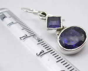 Solid Silver Iolite Diamond and Oval Drop Earrings