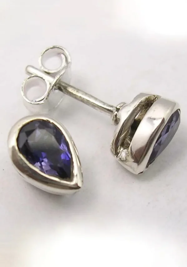 Solid Silver Iolite Tear-Drop Stud Earrings