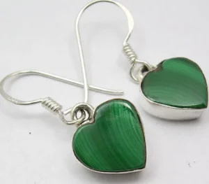 Solid Silver Malachite Heart Drop Earrings
