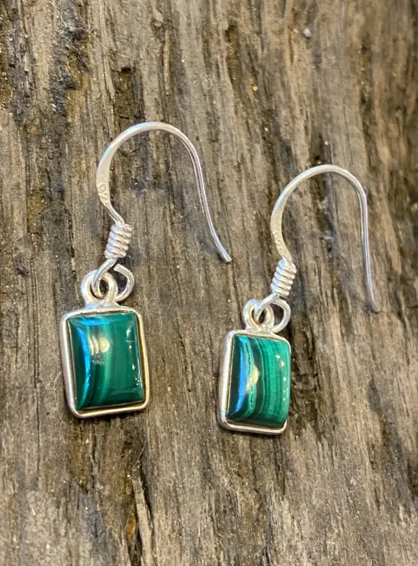 Solid Silver Malachite Oblong Drop Earrings