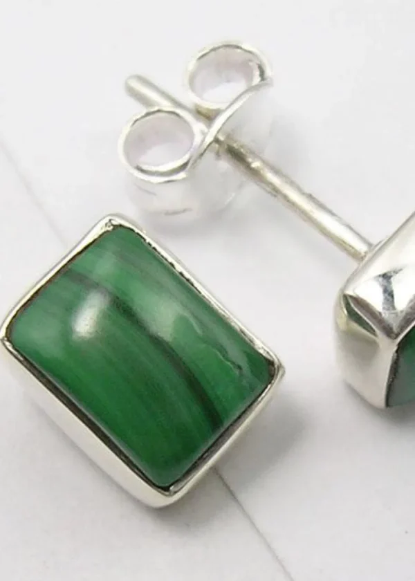 Solid Silver Malachite Oblong Stud Earrings