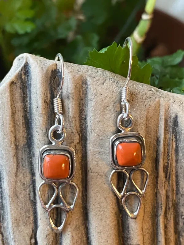 Solid Silver Orange Copper Turquoise Drop Earrings with Triple Triangl