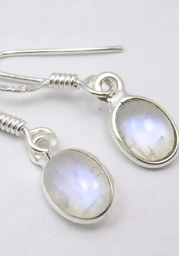Solid Silver Rainbow Moonstone Oval Drop Earrings