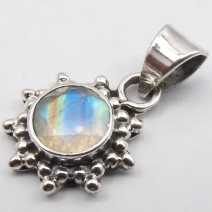 Solid Silver Rainbow Moonstone Flower Pendant