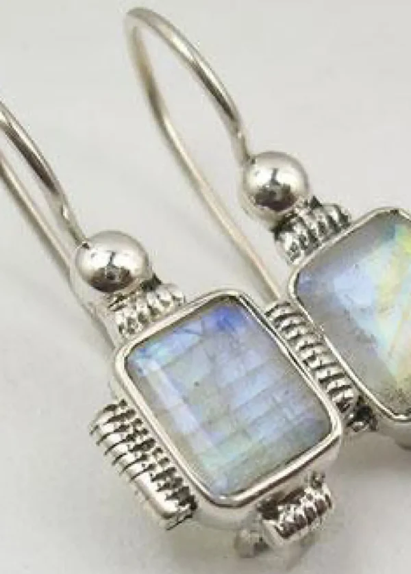 Solid Silver Rainbow Moonstone Rope Edge Earrings