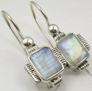 Solid Silver Rainbow Moonstone Rope Edge Earrings
