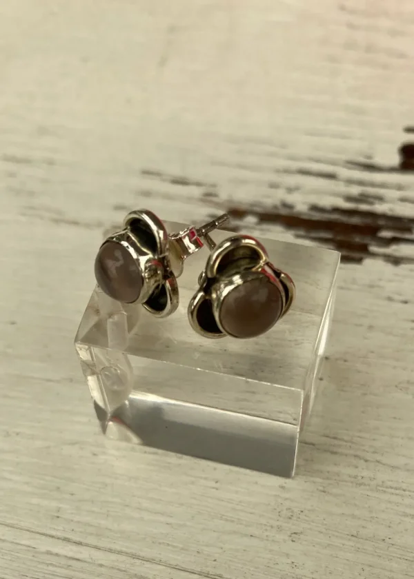 Solid Silver Rose Quartz Stud Earrings with Triple Curve Frame