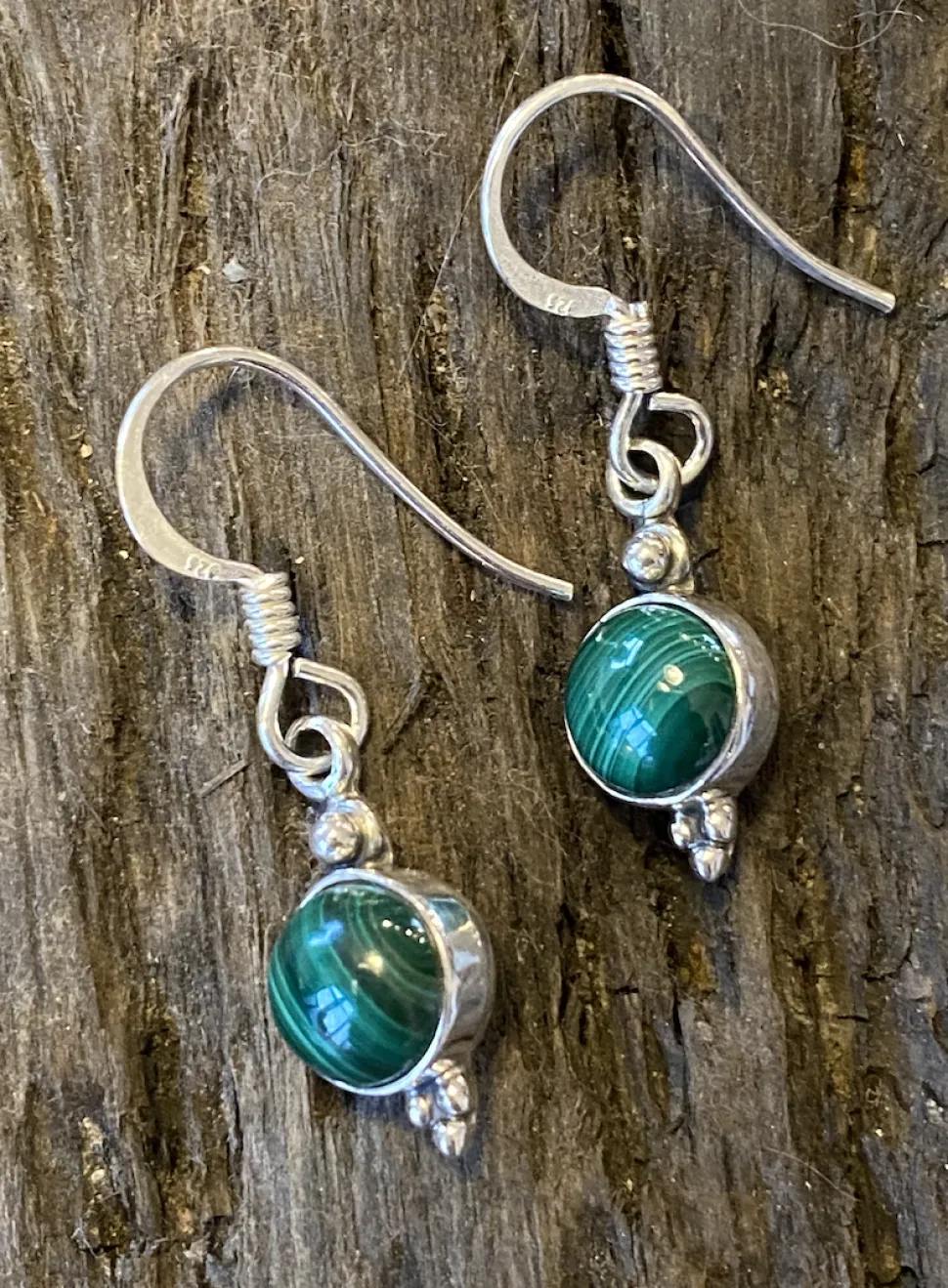 solid_silver_round_drop_m_0.webp Solid Silver Round Drop Malachite Earrings with triple ball detail